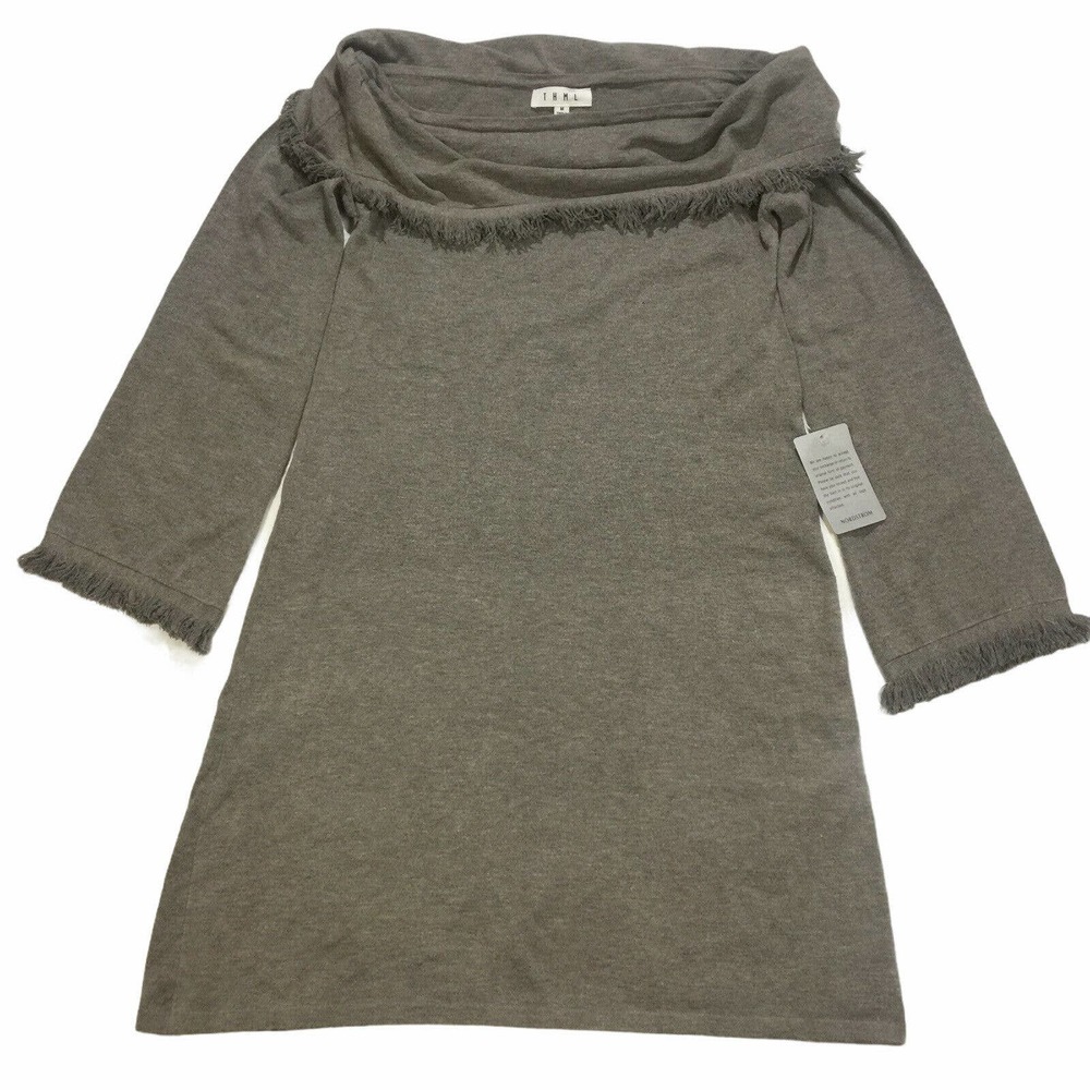 THML Fringe Dress Gray Size Medium Stretch Long Sleeves Off Shoulder